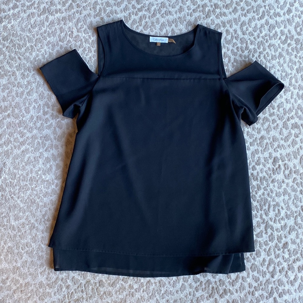 Calvin Klein Black Cold Shoulder Blouse with Sheer Detail, size L